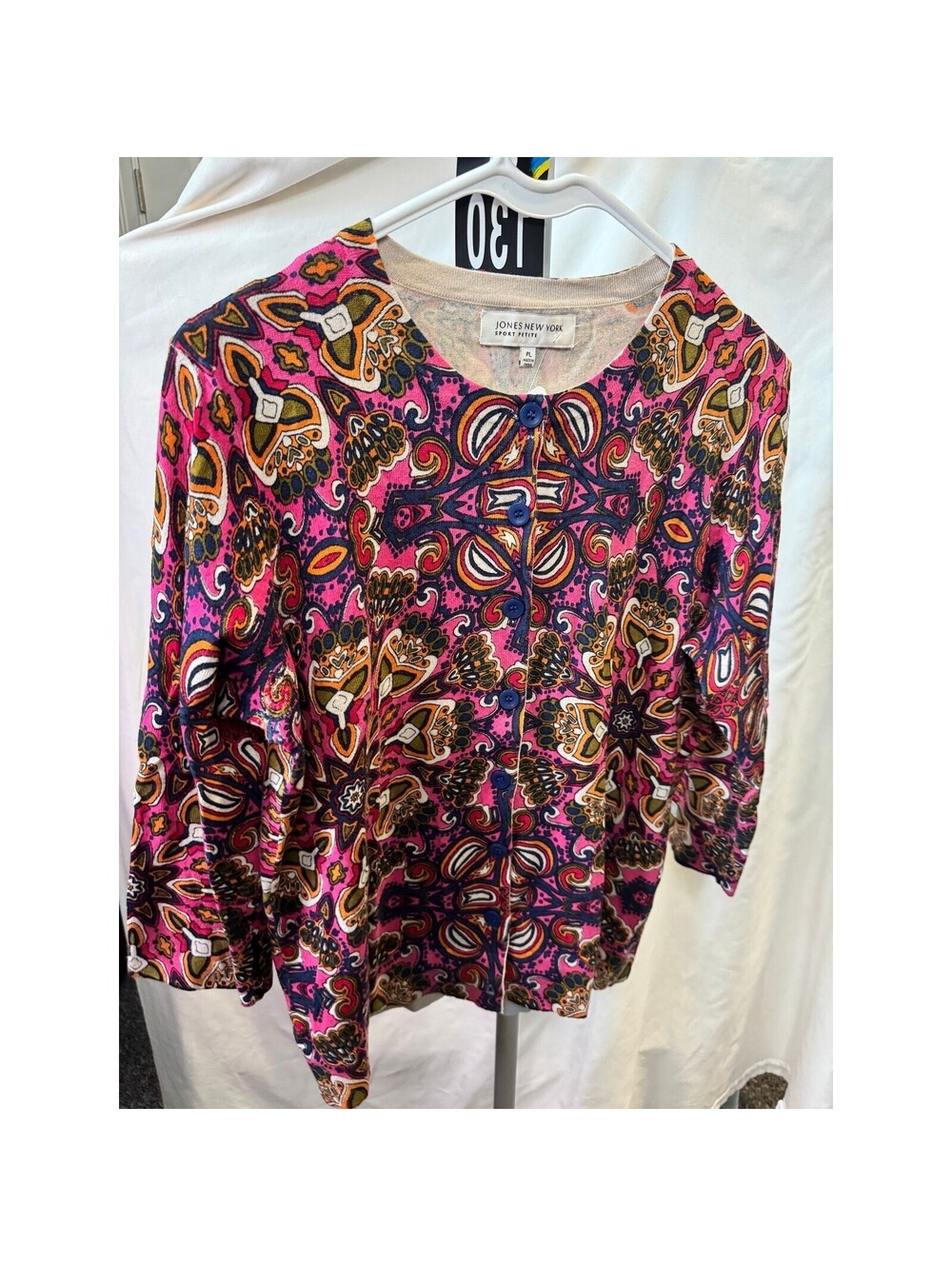 130 Jones New York Sport Cardigan Pink Navy Kaleidoscope Paisley PL Button Up